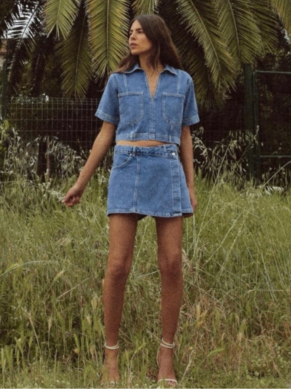 Zara Blue Denim Short-Sleeve Cropped Shirt